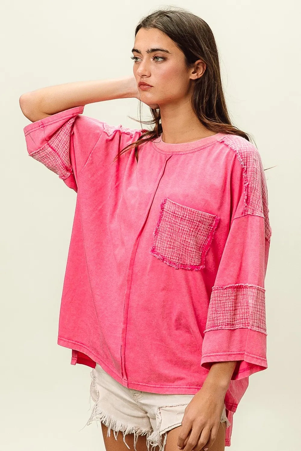 Washed BiBi high-low T-shirt by Trendsi, featuring a relaxed fit and casual style, displayed on a neutral background.