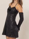 HYFVE Sequin Rosette Halter Mini Dress featuring shimmering sequins and a stylish halter neckline, perfect for festive occasions