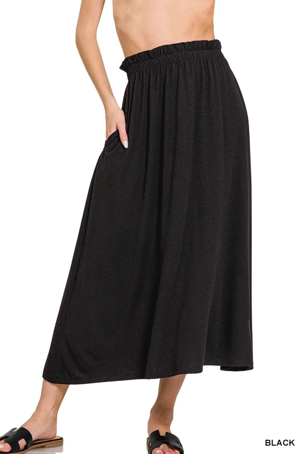 Zenana paperbag waist midi skirt with pockets, beige fabric, high waist design, stylish and comfortable for casual wear