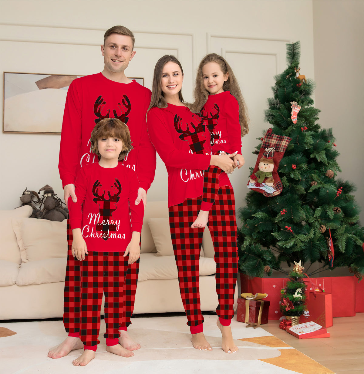 Red family Christmas pajamas with reindeer print