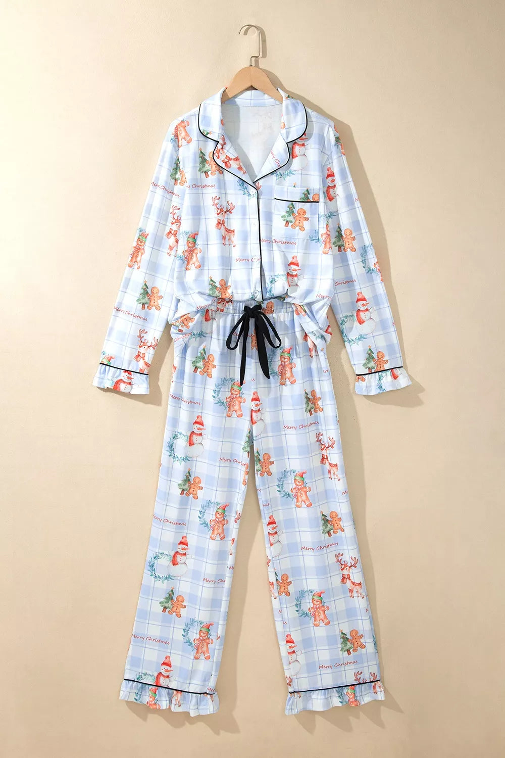 Light blue plaid cartoon Christmas pajama set with button-up top, view 2