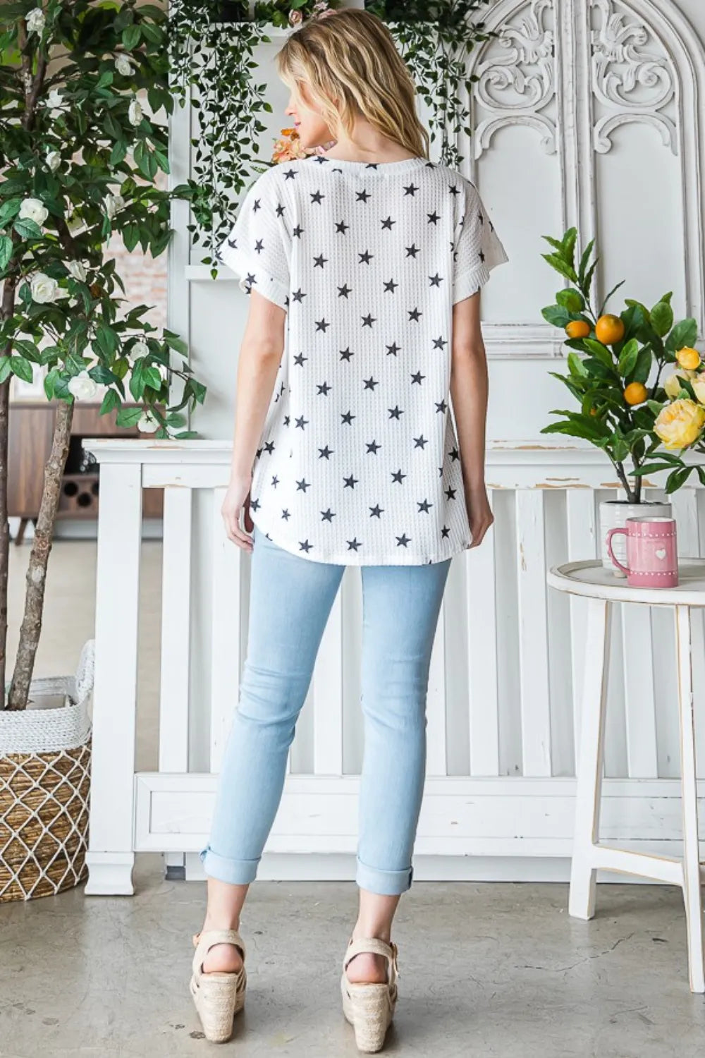 Ivory and black star print waffle knit V-neck T-shirt, view 8