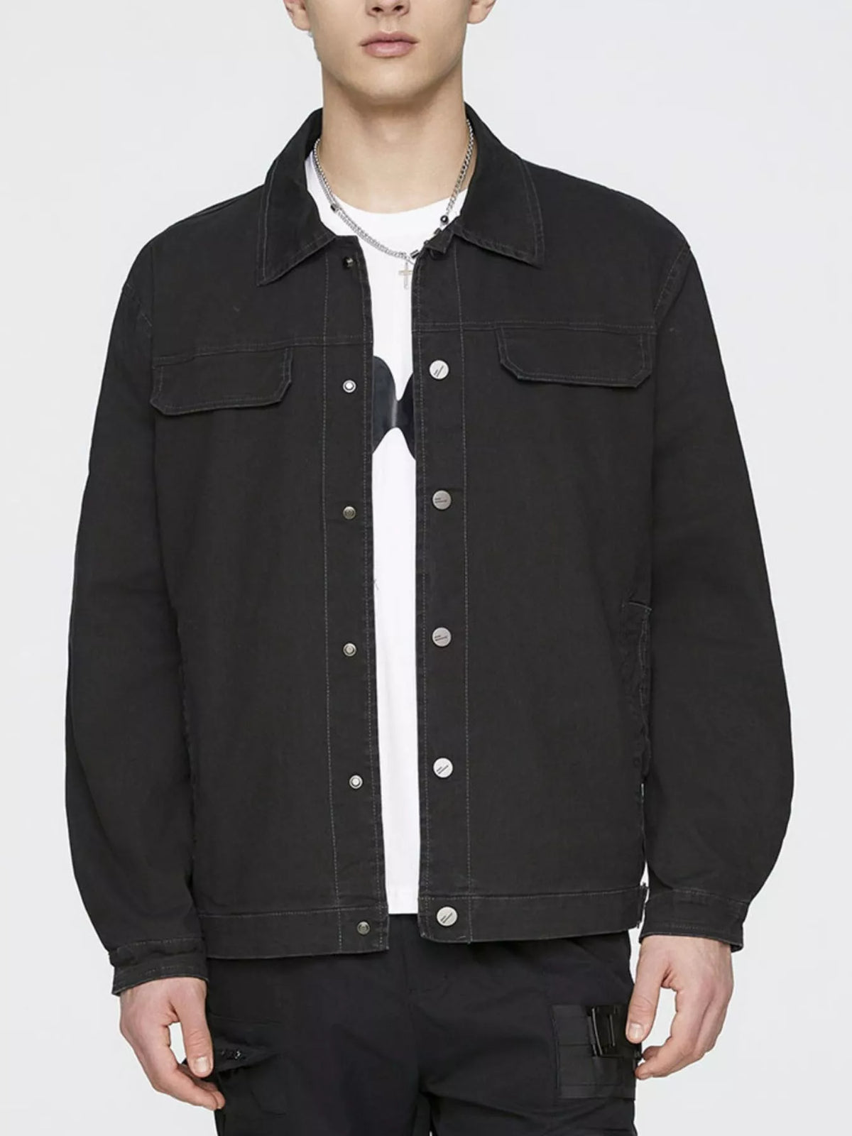 Men's plus size cotton button-up jacket with pockets, view 3
