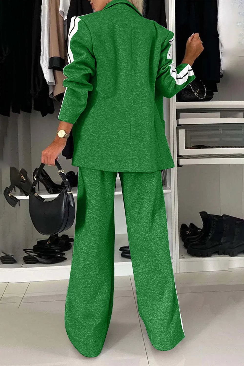 Full size contrast lapel collar top and pants set by Trendsi, featuring stylish design and comfortable fit, shown in the product image.