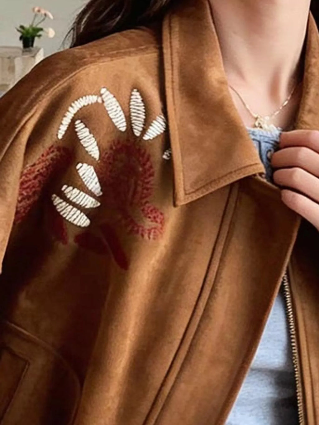 Brown embroidered suede zip-up jacket, view 6