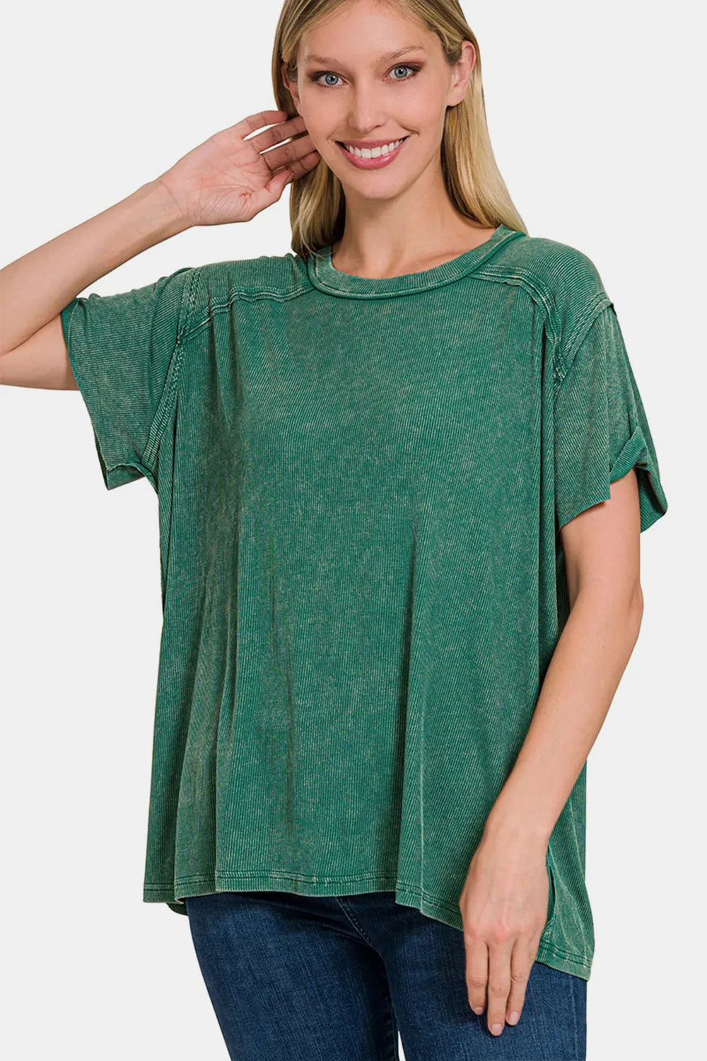 Light blue Zenana washed ribbed short sleeve top with fitted design, showcasing soft fabric and casual style.