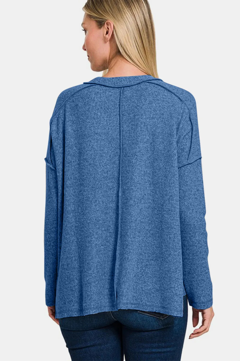 Zenana full size brushed round neck sweater with exposed seams, featuring a cozy, casual design in a neutral color.