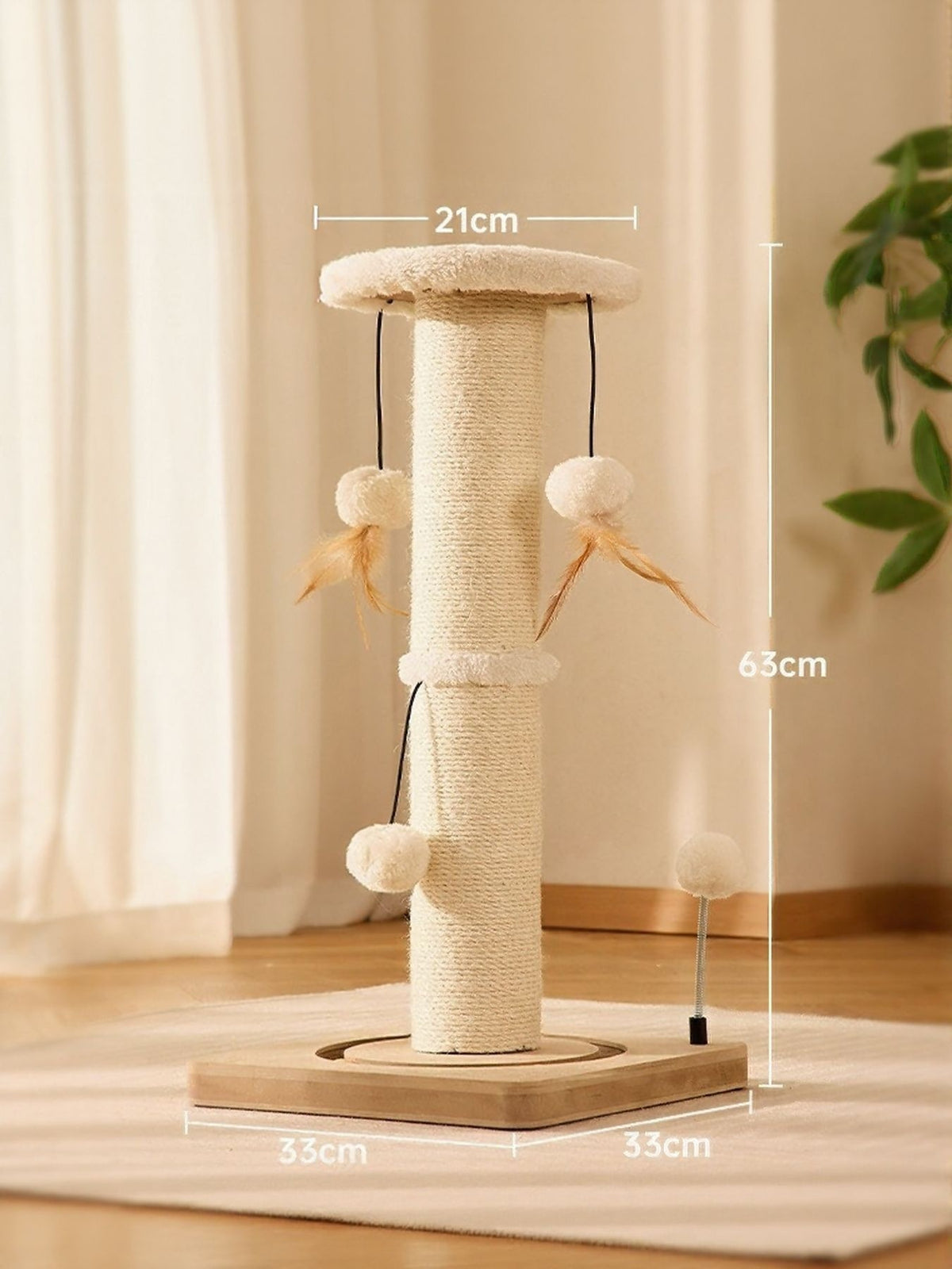 Modern plush cat tree with scratching post, featuring multiple levels and cozy hideouts for cats to play and rest.