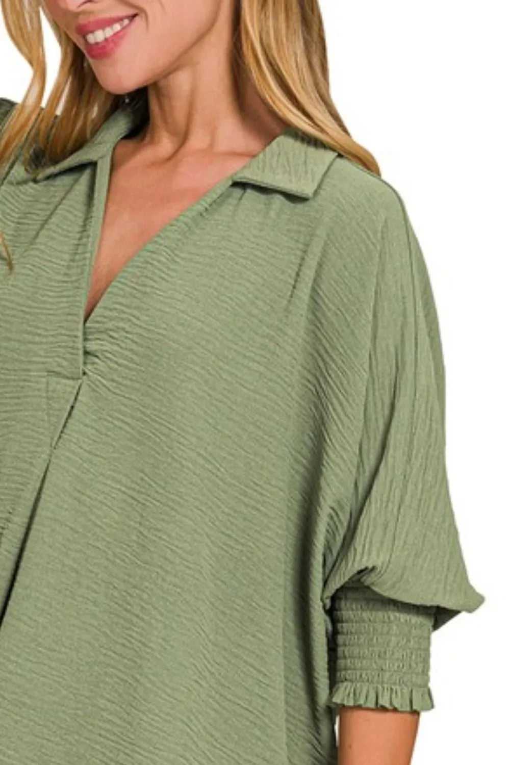 Zenana Airflow Collar Tee with smocked sleeve band, featuring a relaxed fit and casual style, shown in a close-up front view.