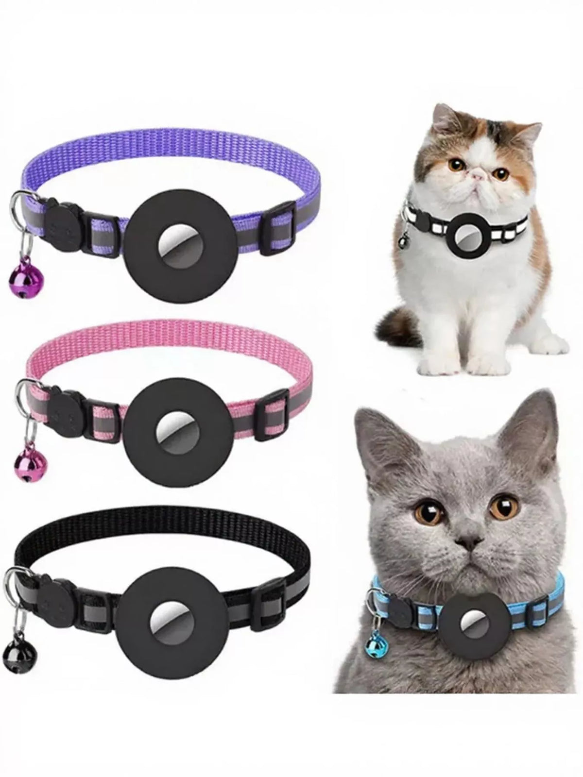 Trendsi All Devices Airtag Reflective Pet Collar with Bell, showing a close-up of the collar with reflective material and attached bell.