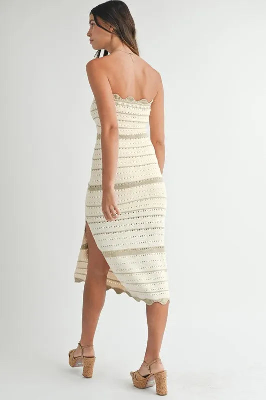 MABLE Contrast Striped Crochet Knit Midi Dress by Trendsi featuring a stylish, fitted design with contrasting stripes and crochet details.