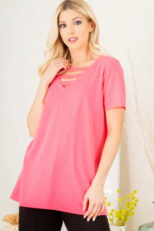 Plus size Heimish V-neck short sleeve T-shirt with bar detail, featuring a full size fit and trendy design.