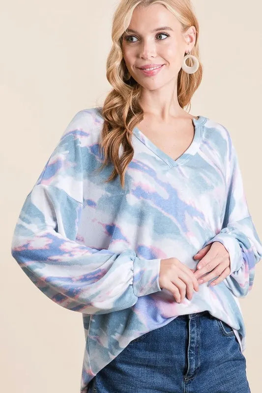 BiBi tie-dye French Terry top with balloon sleeves, casual women's long sleeve shirt by Trendsi, soft and comfortable fabric.