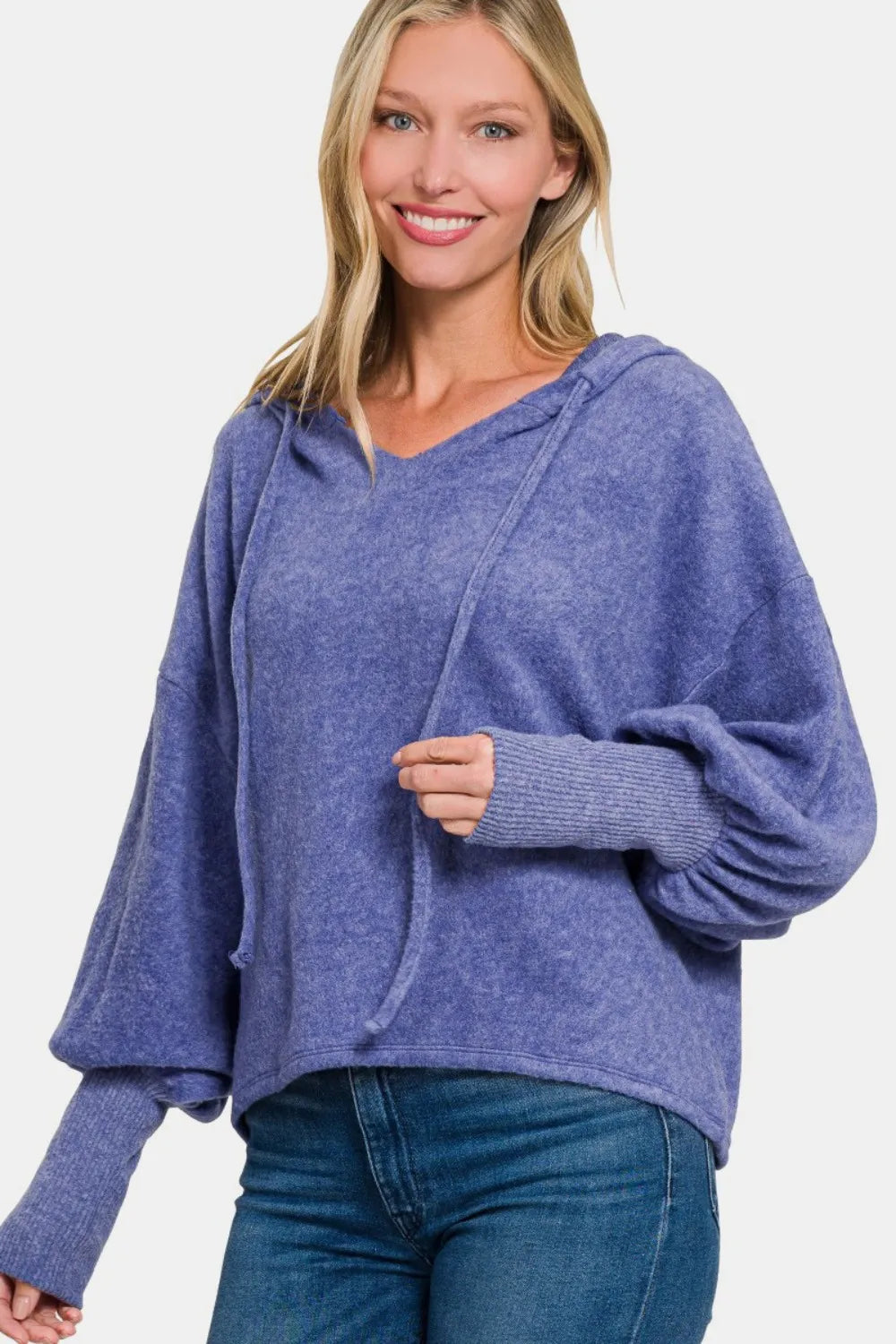 Soft brushed hacci cropped hoodie with drop shoulder design from Zenana, ideal for casual wear and comfortable style.