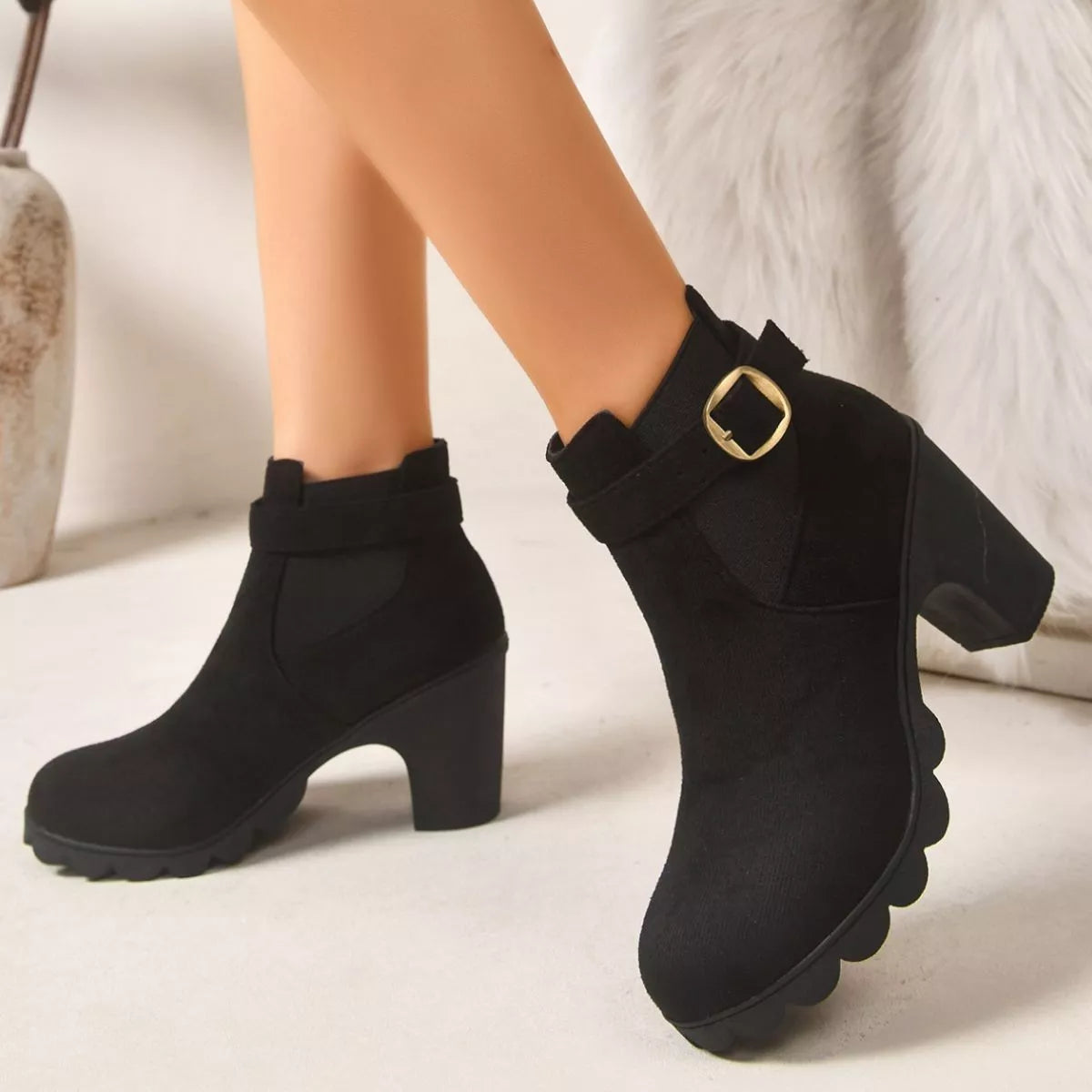 Round toe suede high block heel boots, view 3