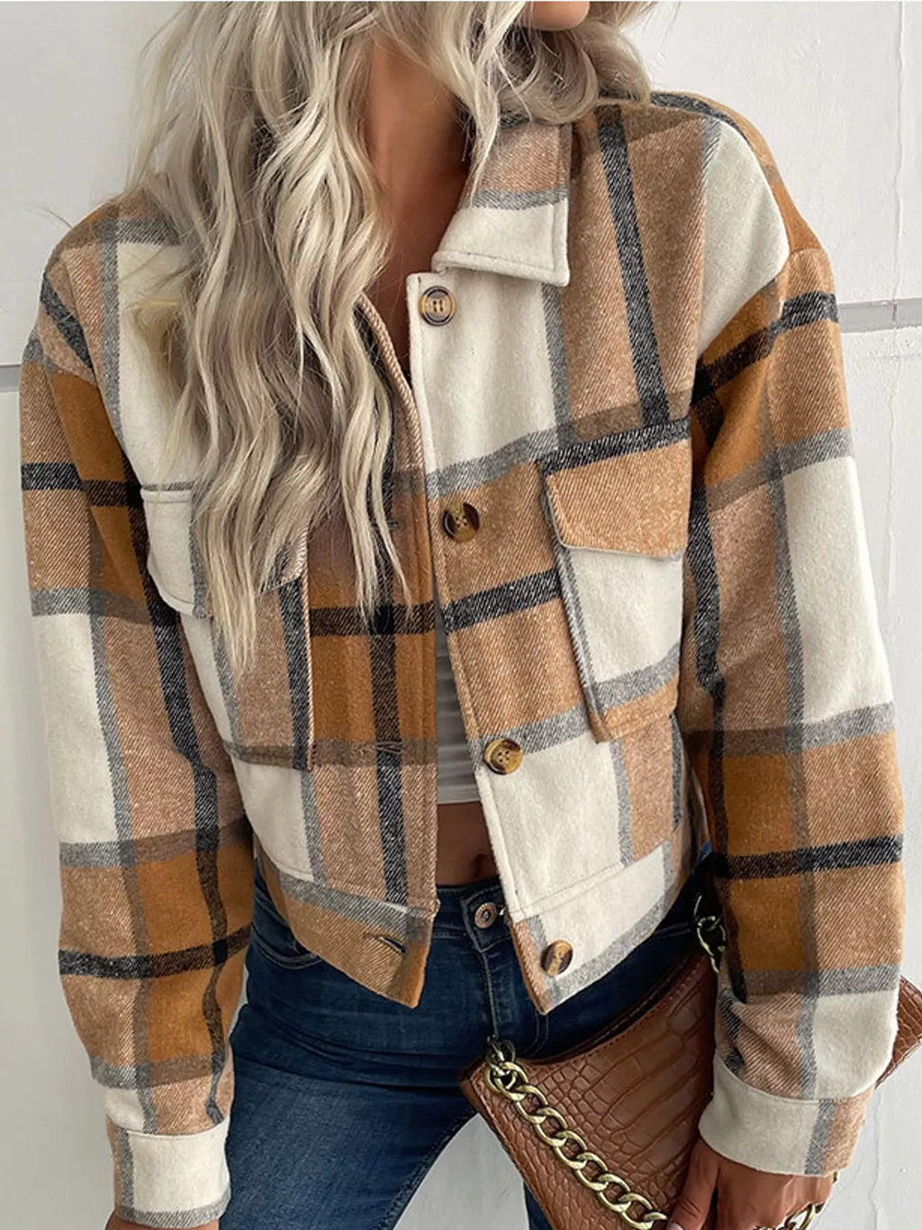 Plaid button-front cropped jacket, view 12