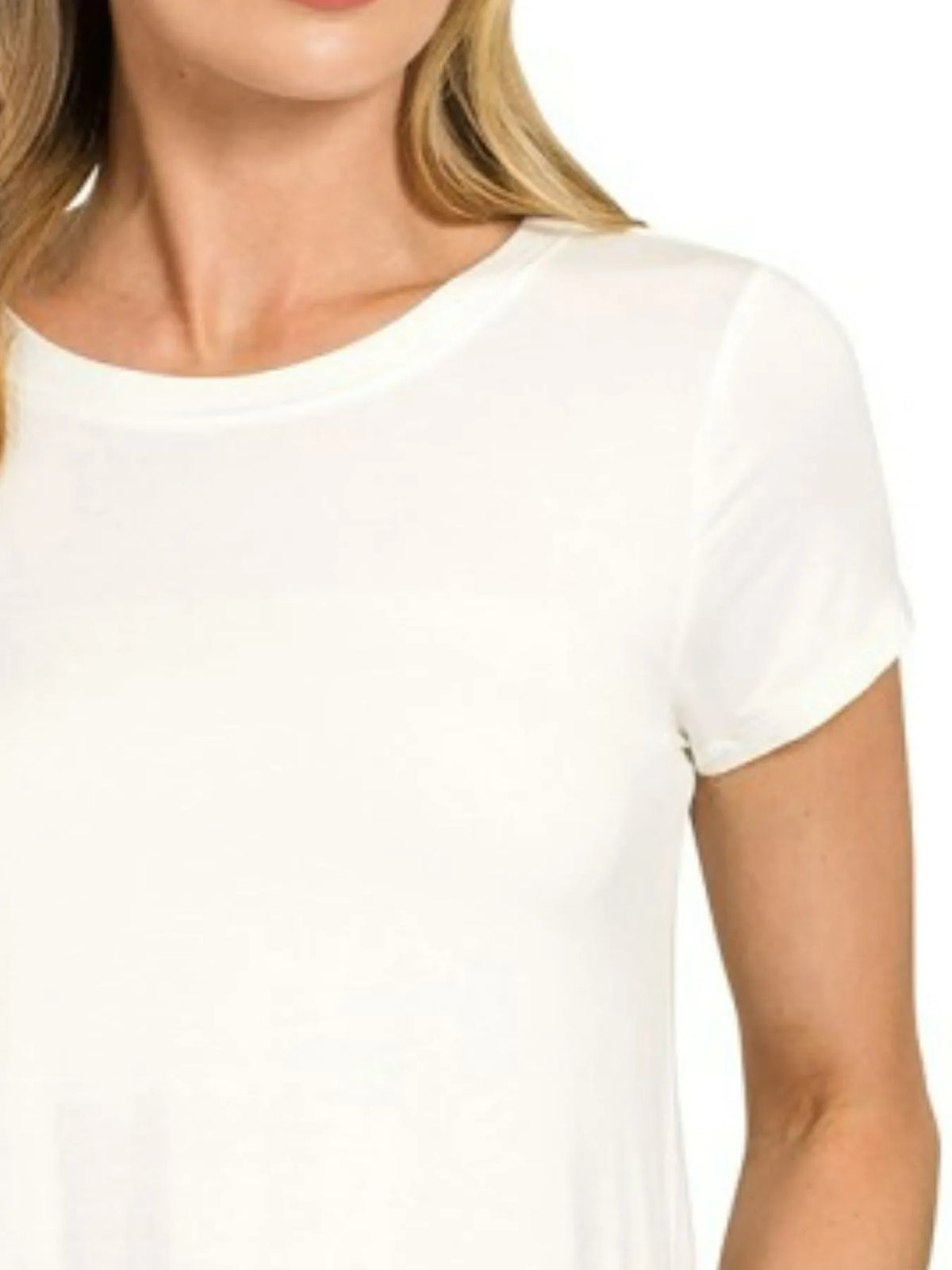 Flowy Zenana rayon short sleeve T-shirt with round hem, casual style, in soft fabric, showcased on a neutral background.