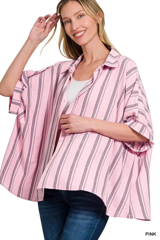 Woven yarn-dye stripe oversized button-down shirt by Zenana, featuring a relaxed fit and classic collar in natural tones.