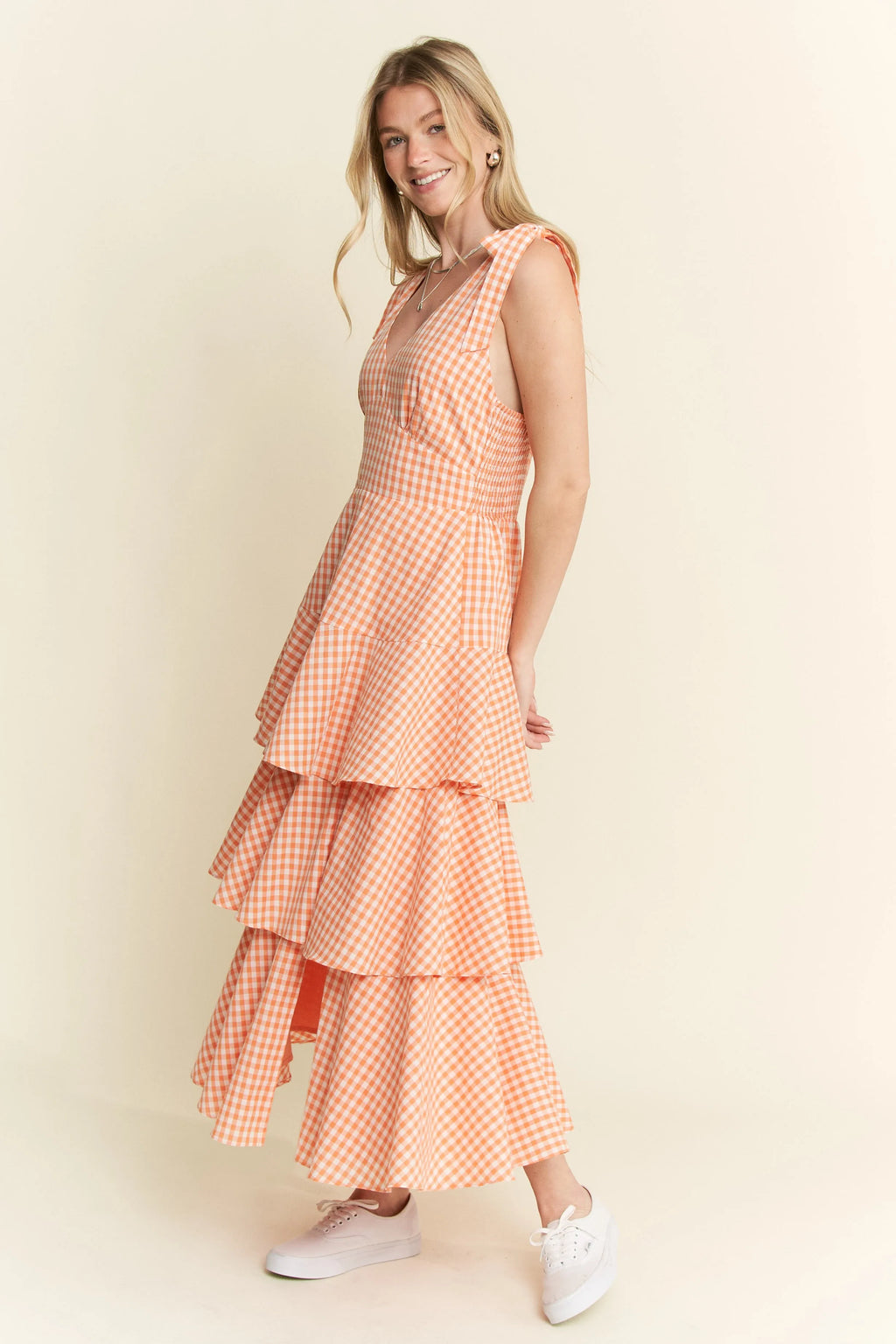 Jade by Jane sleeveless gingham print tiered midi dress with a feminine, flowy silhouette and classic pattern.