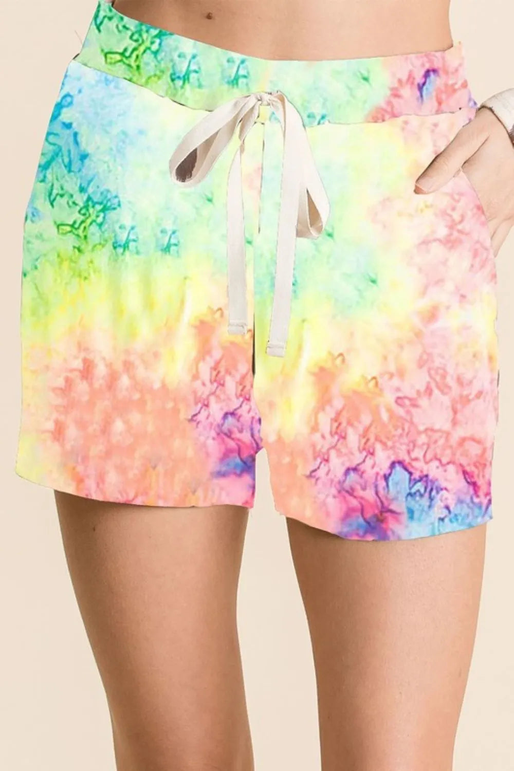BiBi Tie Dye Soft Knit Casual Shorts in vibrant colors, featuring a relaxed fit and comfortable waistband.