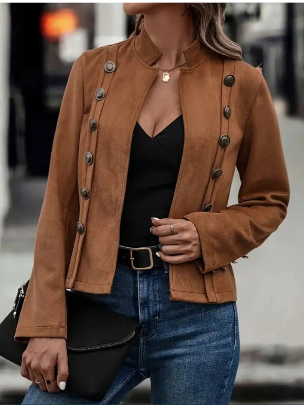 Open-front long sleeve jacket with decorative buttons, view 3