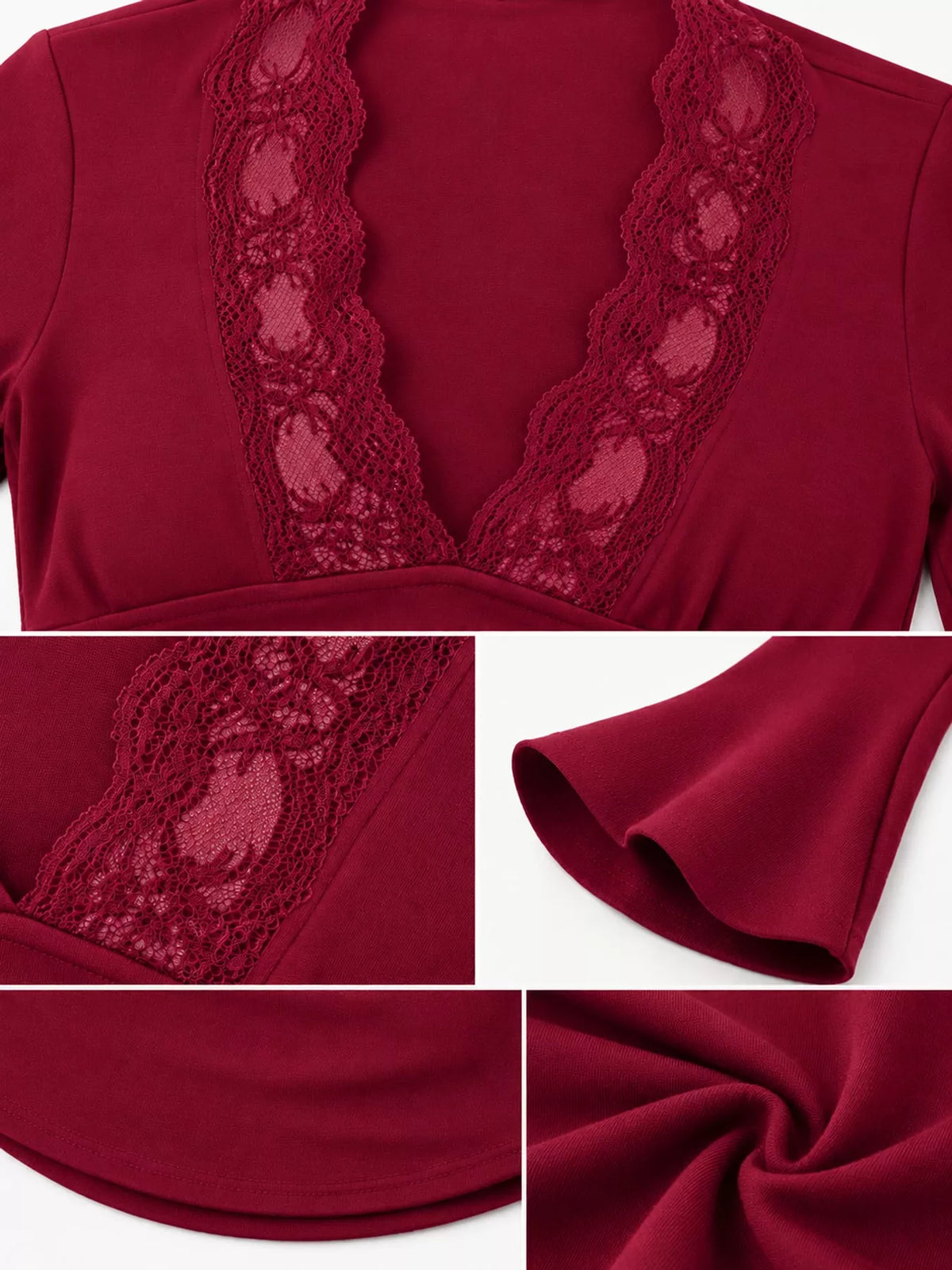 Lace trim V-neck long sleeve slim fit T-shirt by Trendsi, featuring a V-neckline, lace details, and a fitted silhouette.
