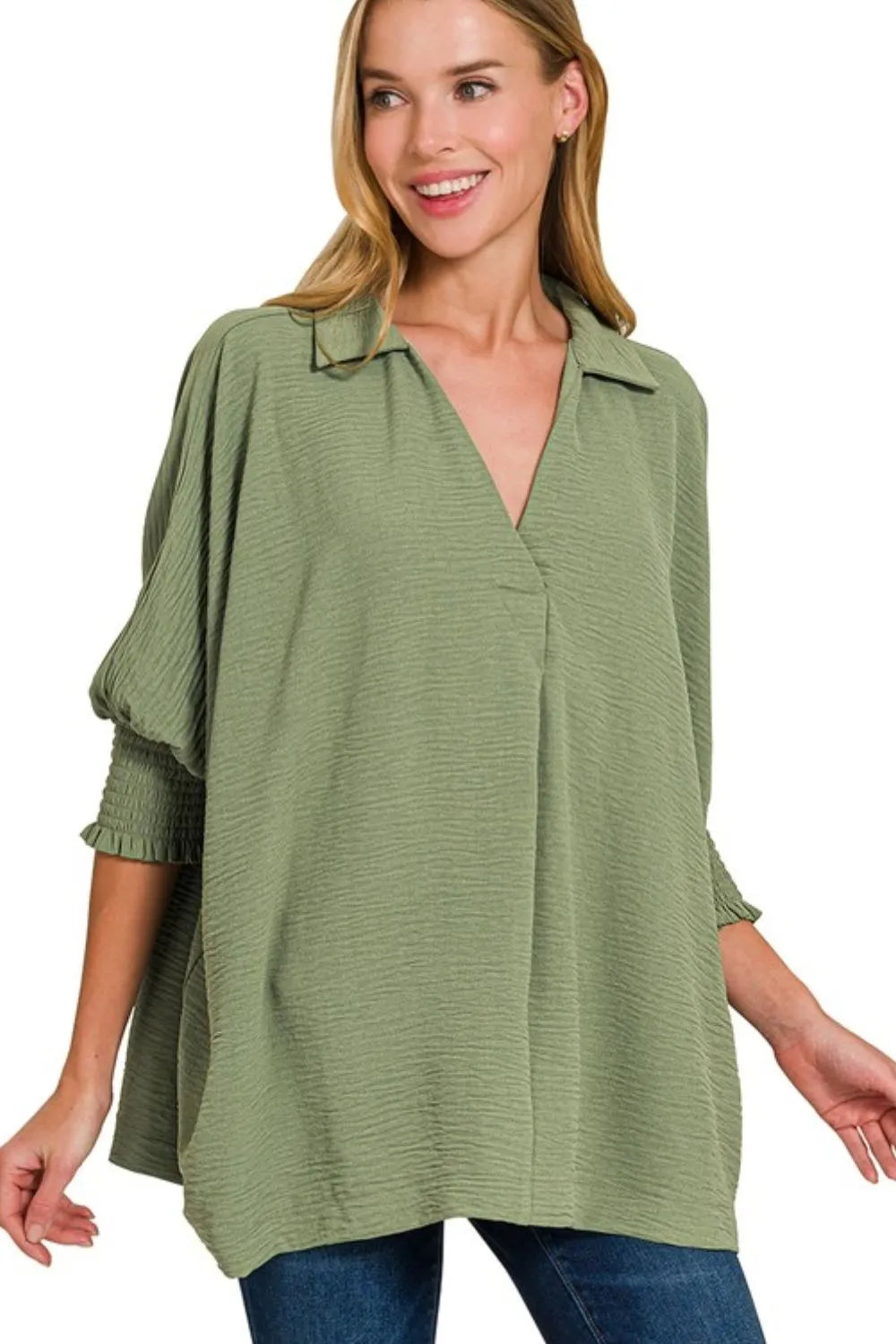 Zenana airflow collar tee with smocked sleeve band, casual women's top, lightweight and breathable fabric, stylish and comfortable.