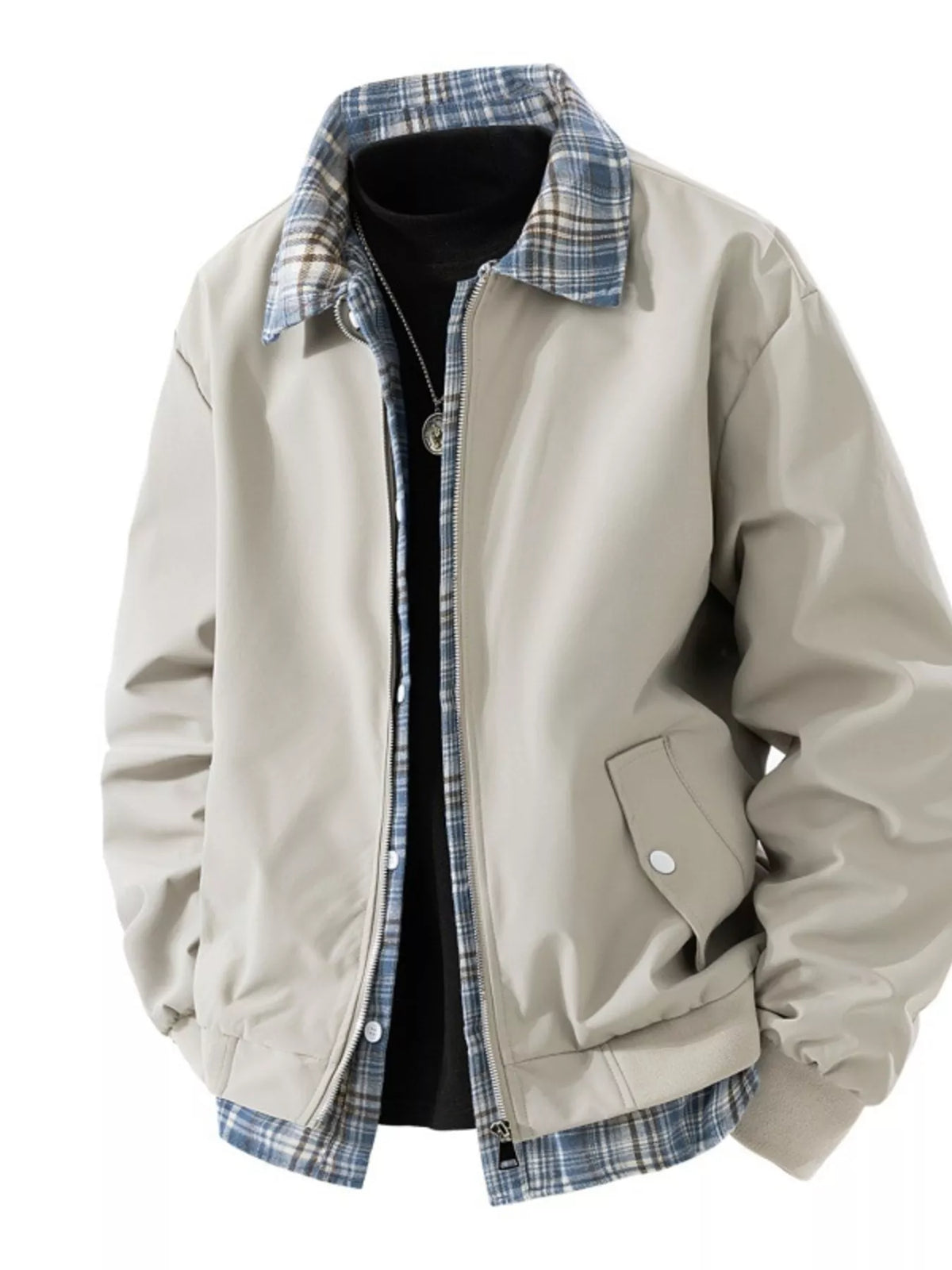 Men's plus size plaid trim long sleeve jacket