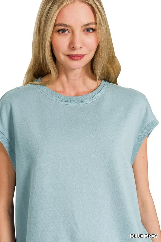 Light gray Zenana French Terry round neck cap sleeve T-shirt with a relaxed fit, made by Trendsi.