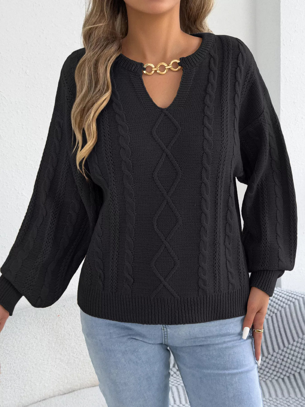 Notched cable knit sweater, view 9