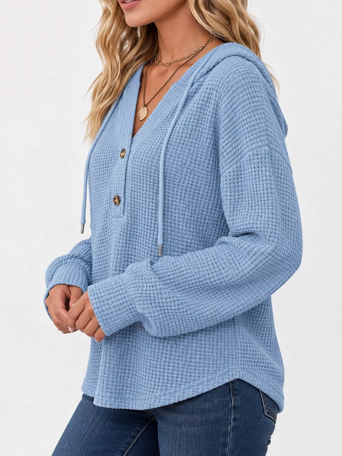 Plus size waffle knit half-button drawstring hoodie, view 68