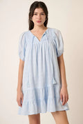 Trendsi Mittoshop plaid gauze mini dress with tassel tie, short sleeves, and a casual, breezy style.