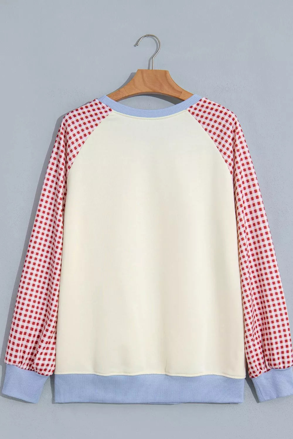 Beige Christmas sweatshirt with sequin Santa and plaid sleeves, view 4