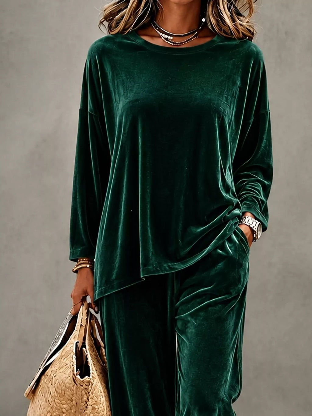 Plus size velvet long sleeve top and pants set by Trendsi, featuring a comfortable, stylish full-size loungewear outfit.