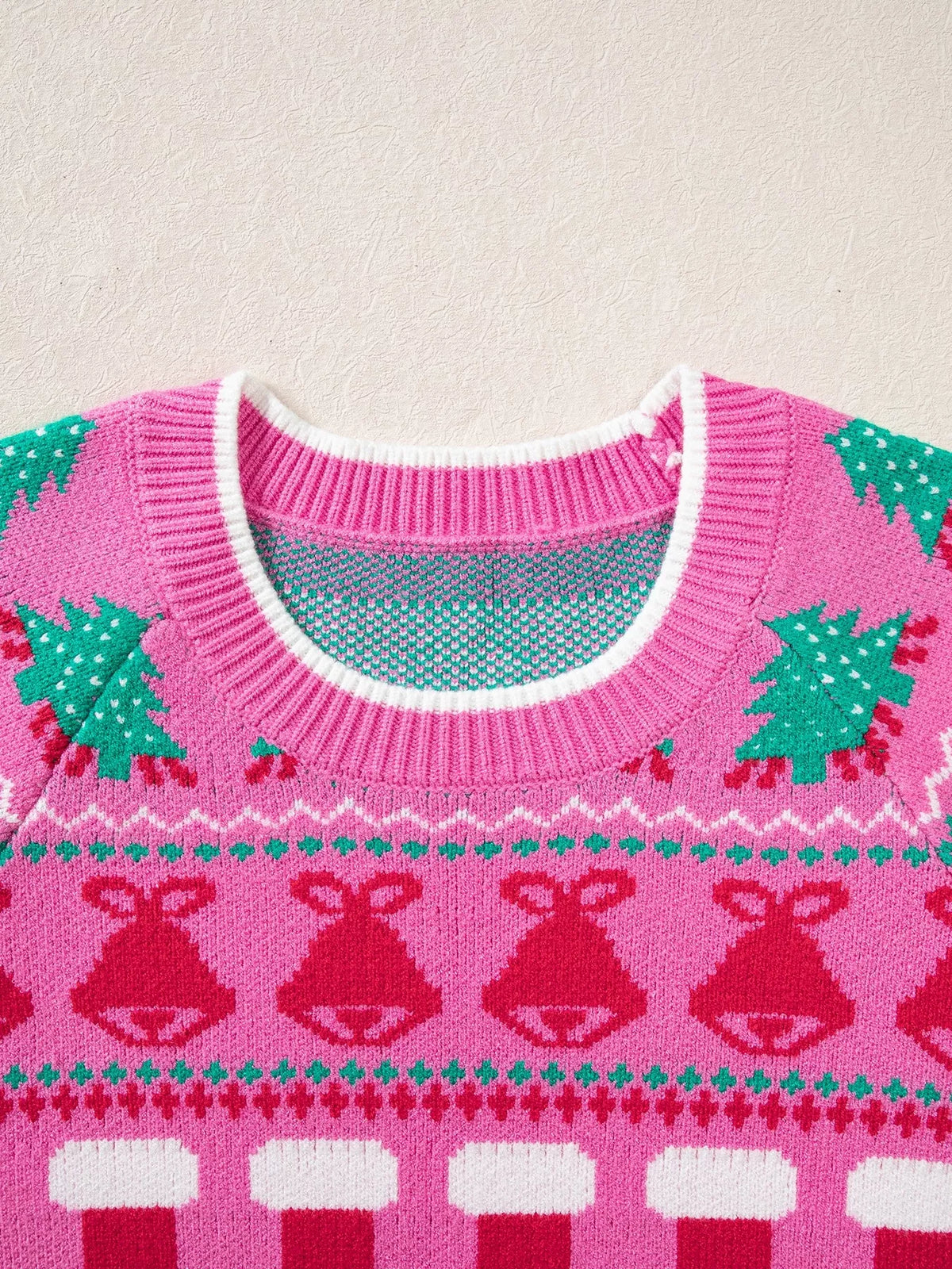 Fuchsia pink round neck Christmas graphic knit sweater, view 5