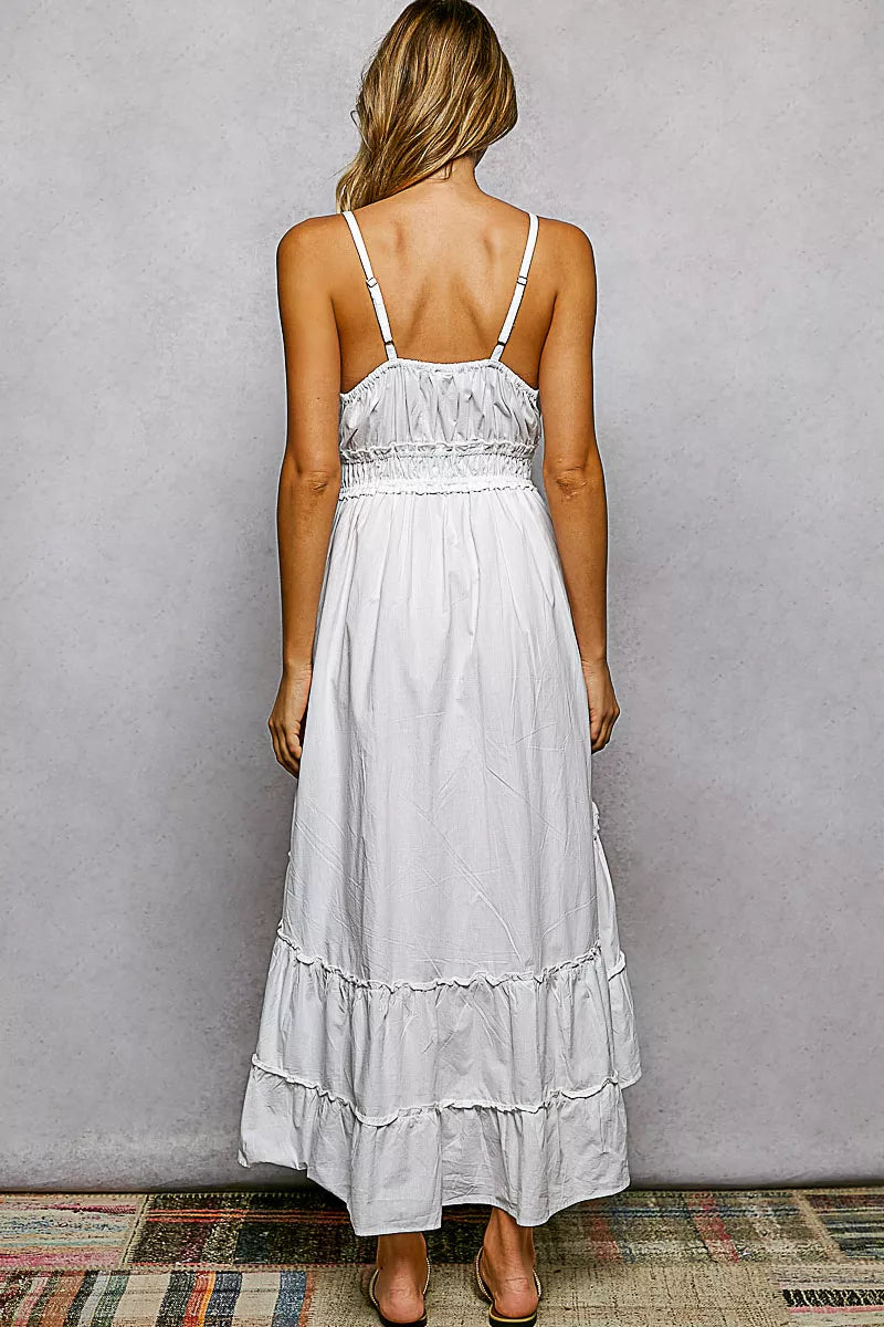 Trendsi POL embroidered detail tassel tie smocked waist midi tiered cami dress with floral embroidery and layered fabric.
