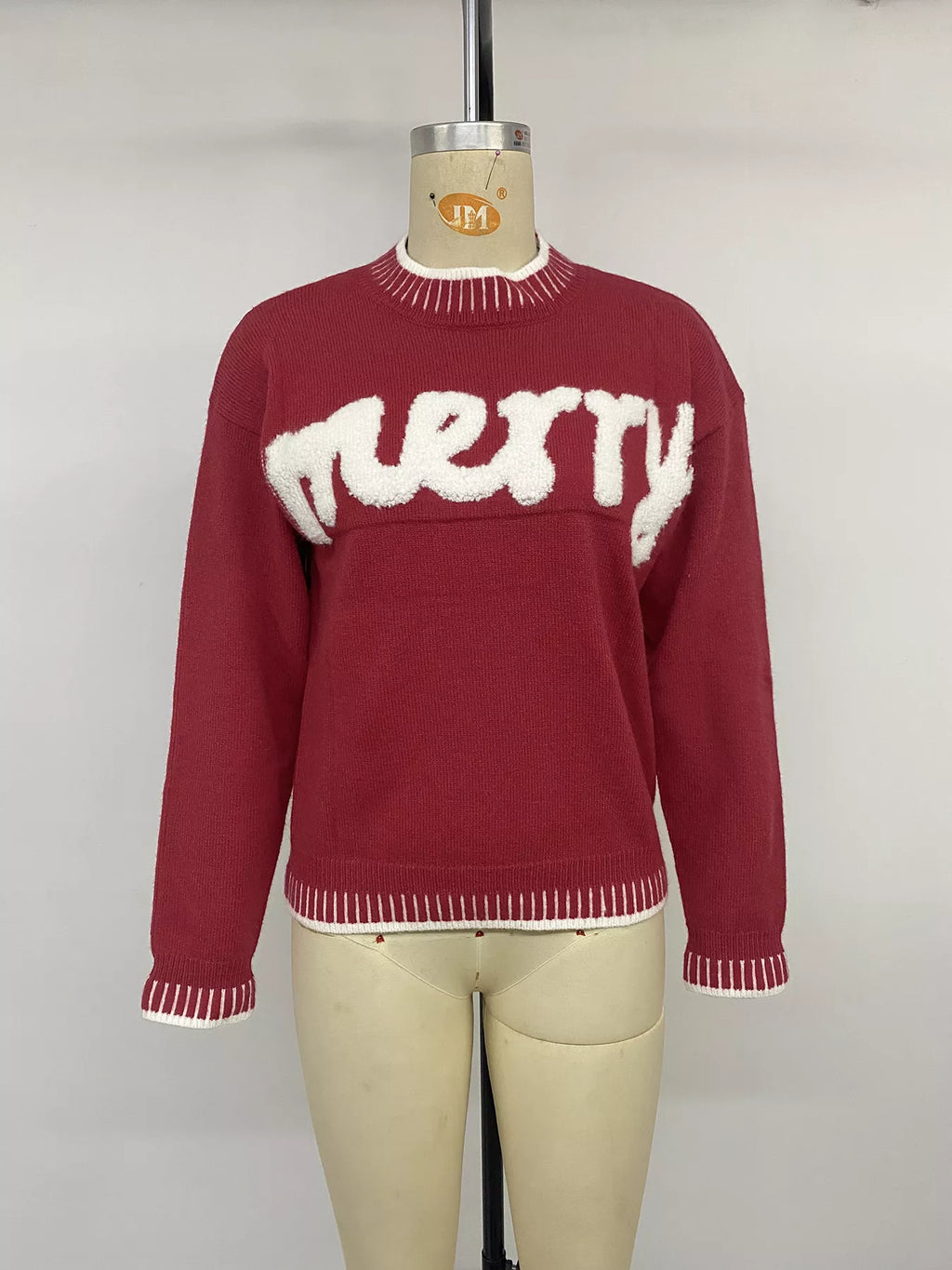 Red crew neck Christmas sweater with Merry lettering, view 11