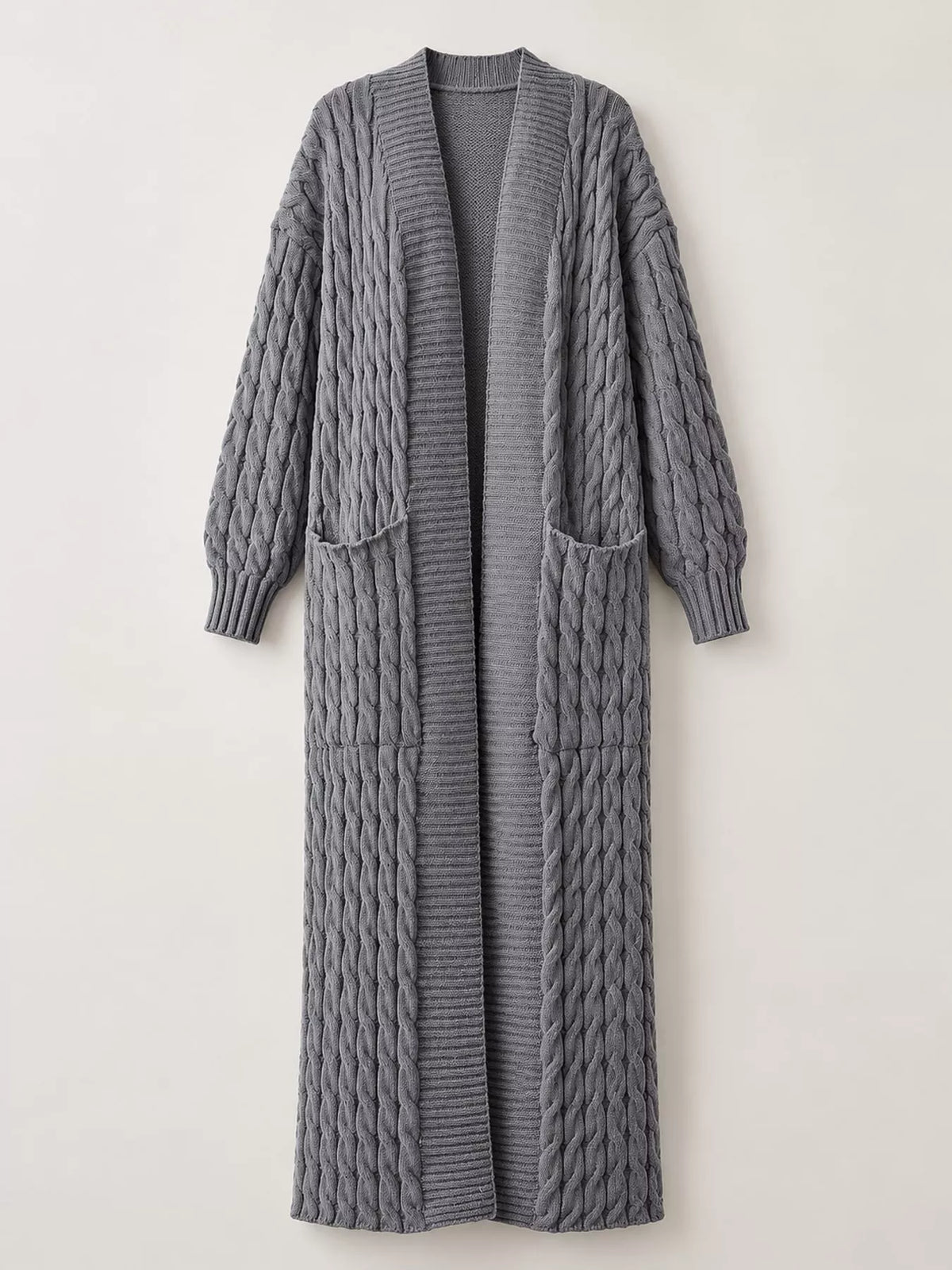Cable knit longline open-front cardigan, view 6