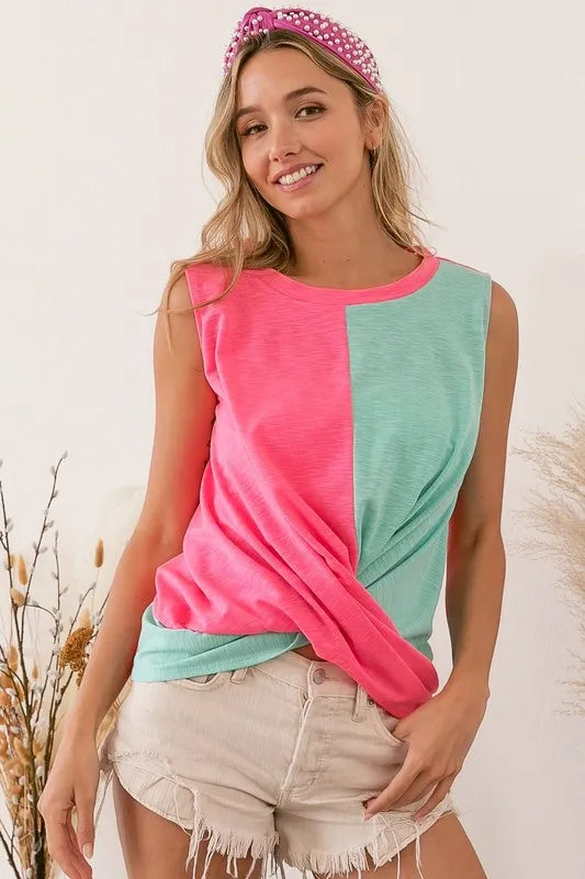 BiBi Slub Terry Color Block Twisted Top by Trendsi, featuring a casual, textured fabric with vibrant color block design.