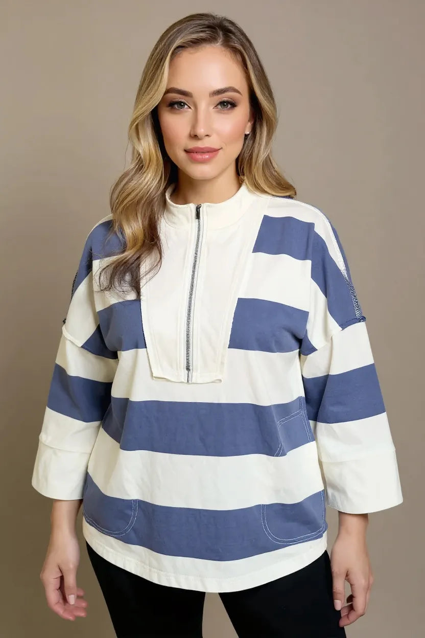 Oh Pima cotton striped half zip mock neck long sleeve top by Trendsi, featuring a classic wash design and comfortable fit.