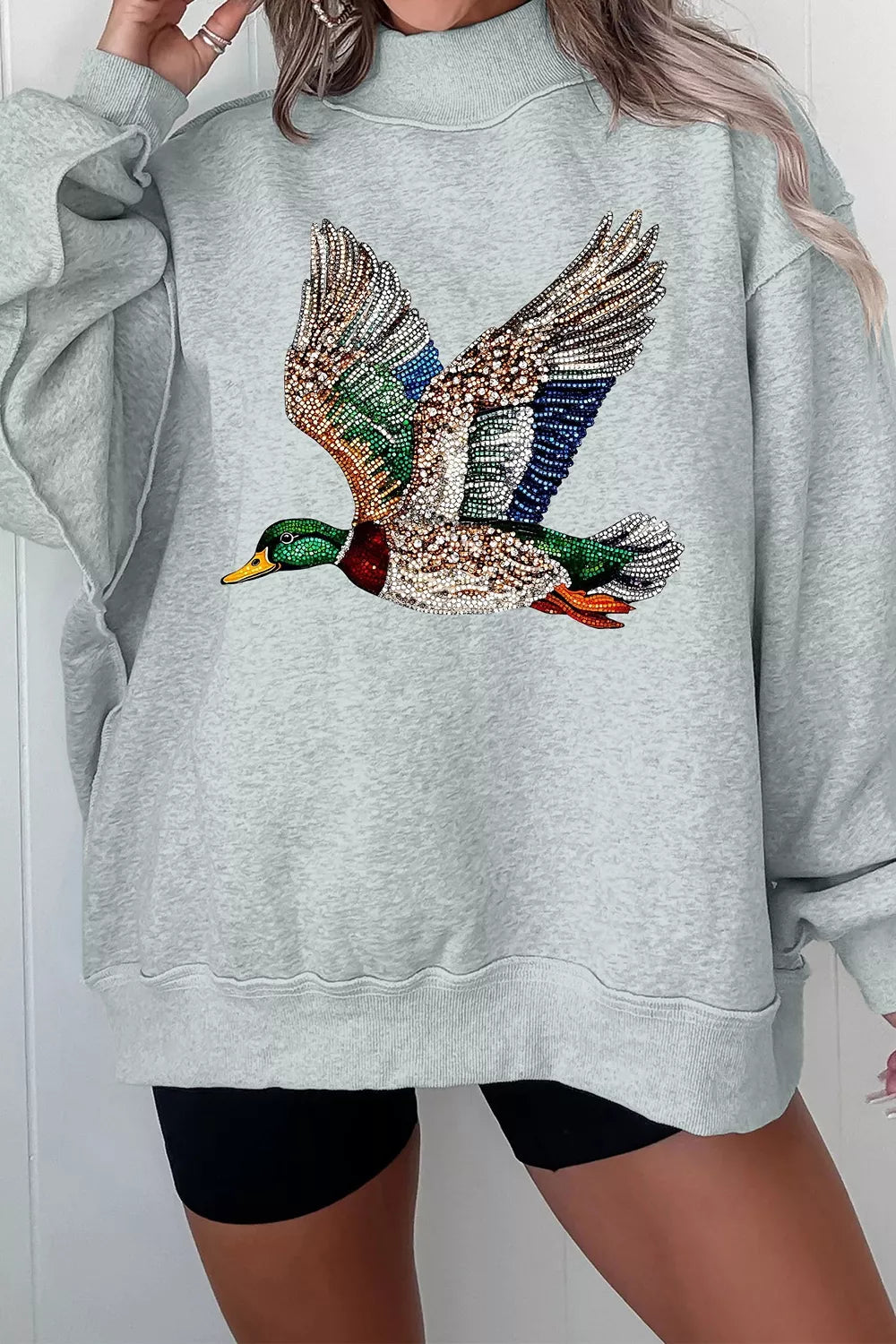 Gray oversized mock neck sweatshirt with western mallard duck print, view 3