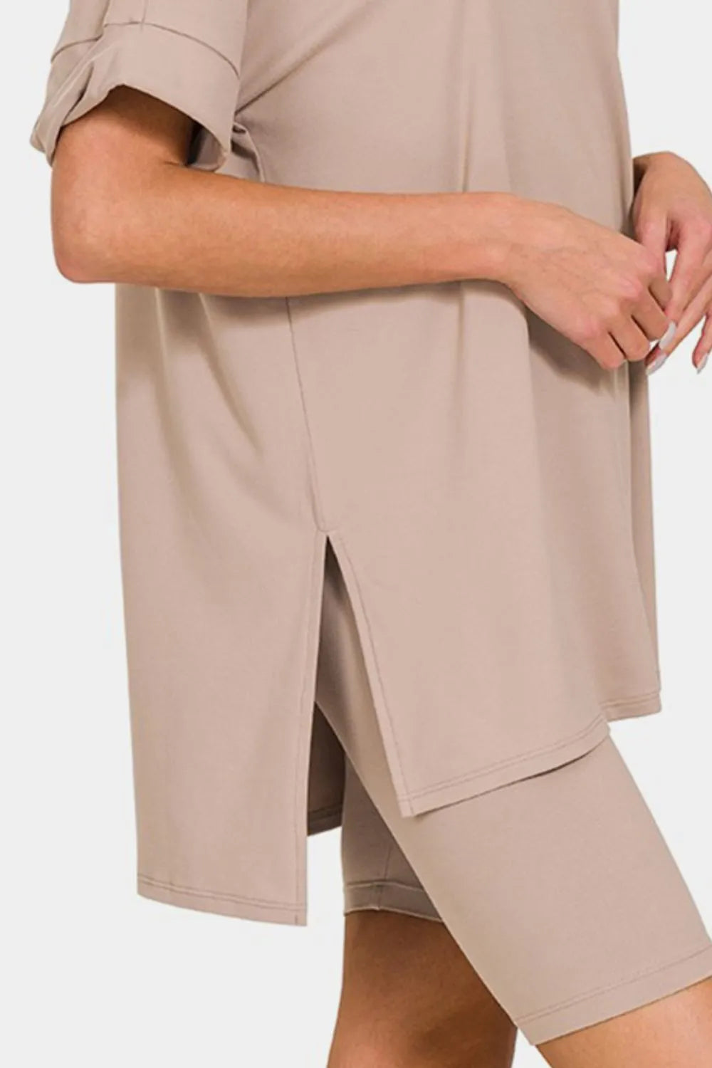 Zenana V-neck short sleeve slit T-shirt and shorts set, casual summer loungewear, in soft fabric, displayed on a neutral background.