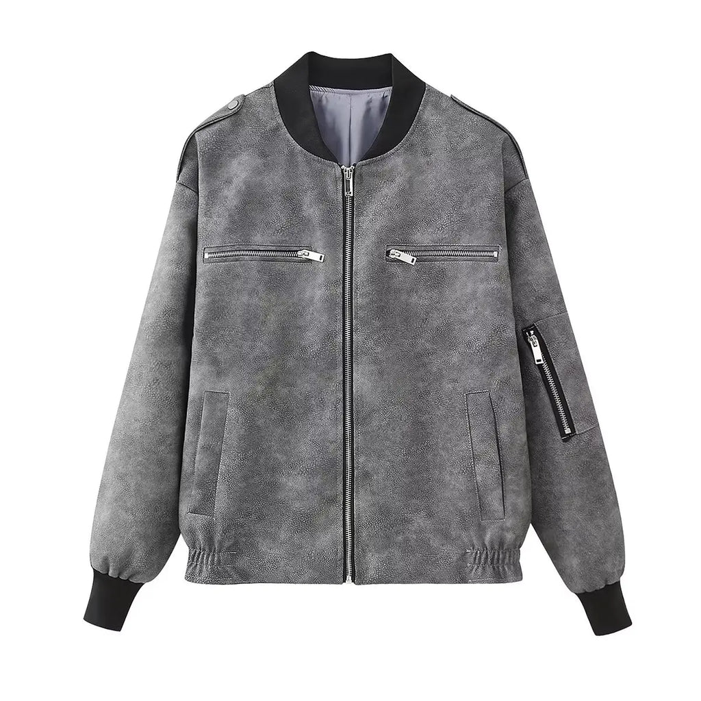 Autumn Faux Leather Bomber Jackets for Women Zipper Cropped Coat Woman Long Sleeve Streetwear Y2K Women's Jacket