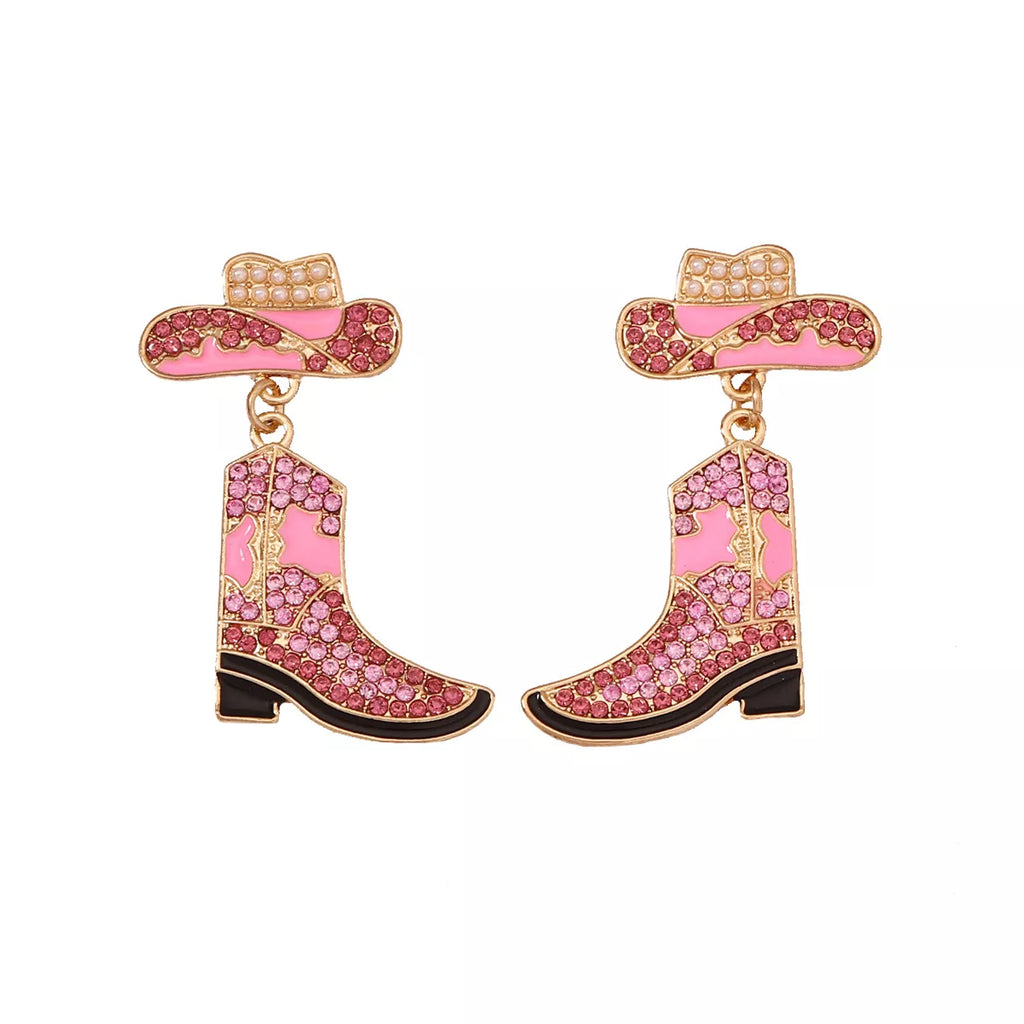 Shimmering rhinestone boot dangle earrings with sparkling stone details from Trendsi, stylish jewelry for special occasions.