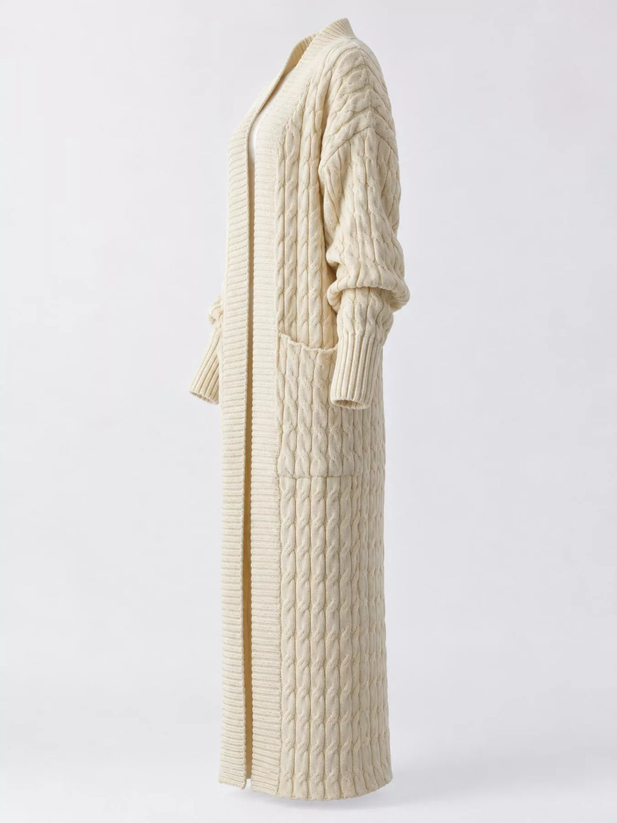 Cable knit longline open-front cardigan, view 2