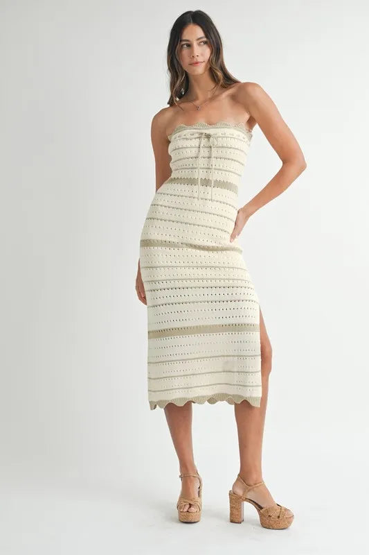MABLE Contrast Striped Crochet Knit Midi Dress by Trendsi, featuring a fitted silhouette with bold stripe pattern and textured knit fabric.