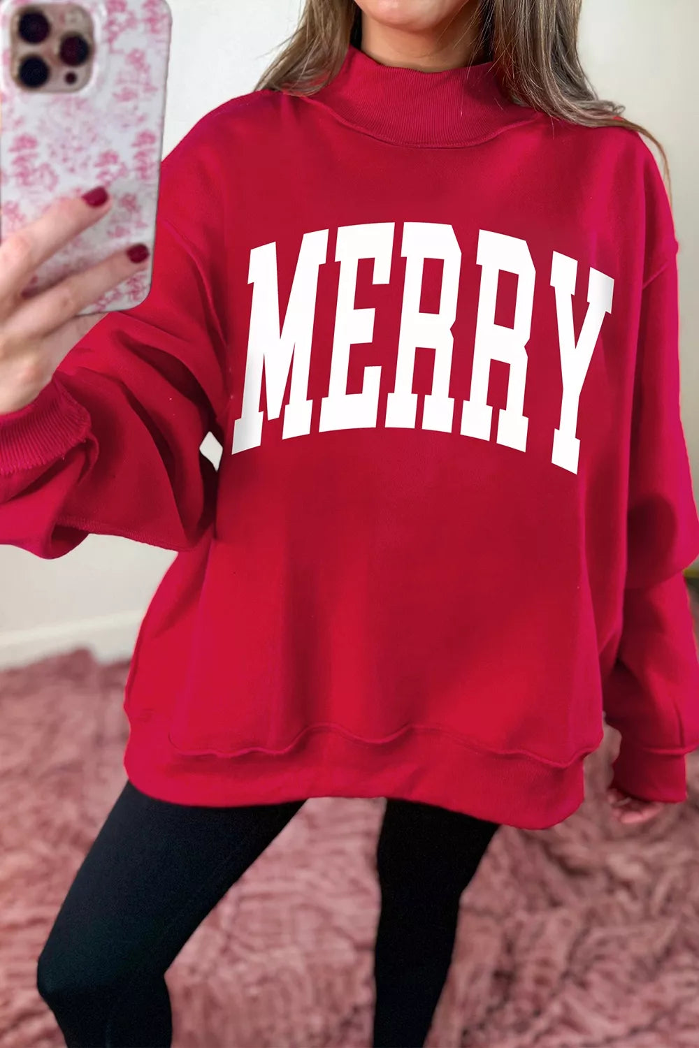 Deep red high neck tunic sweatshirt with MERRY slogan, view 2