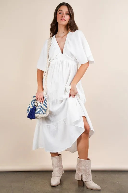 Very J Mineral Washed Elastic Neck Detail Midi Dress featuring a relaxed fit and stylish neckline, perfect for casual or dressy occasions.