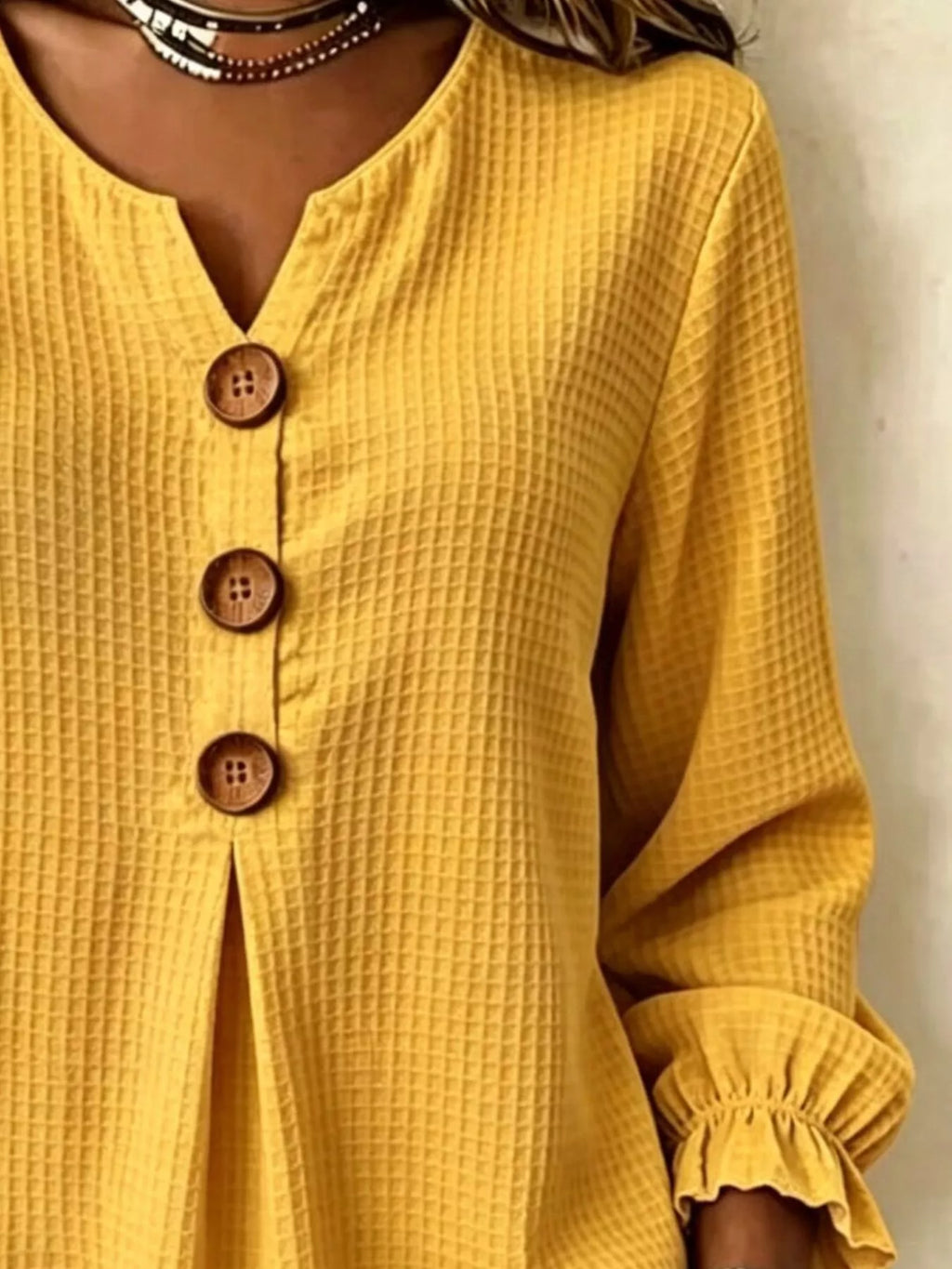 Ruffled waffle knit long sleeve top with buttons, view 20