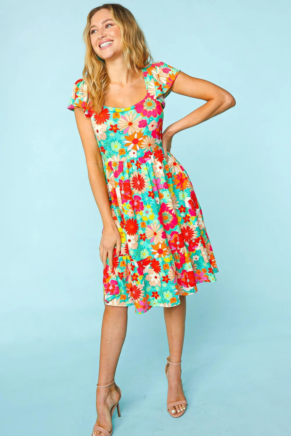 Haptics Floral Square Neck Short Sleeve Dress by Trendsi featuring a vibrant floral pattern and a chic square neckline